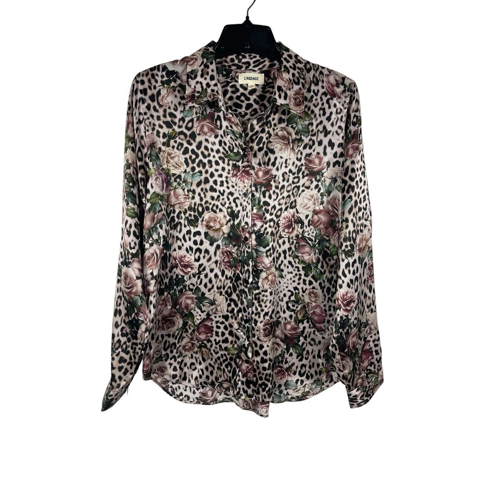 L’AGENCE Women M Leopard Floral Print Silk Blouse Button Down Long Sleeve Shirt